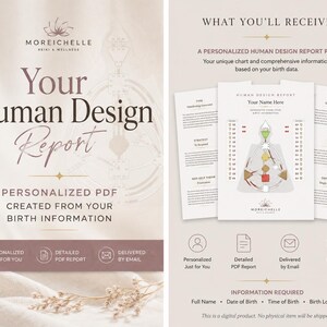 May include: A digital Human Design report document featuring a central geometric body graph chart, text headers including Your Human Design Report, and sections for type, strategy, and authority, presented on a light beige background with floral accents.