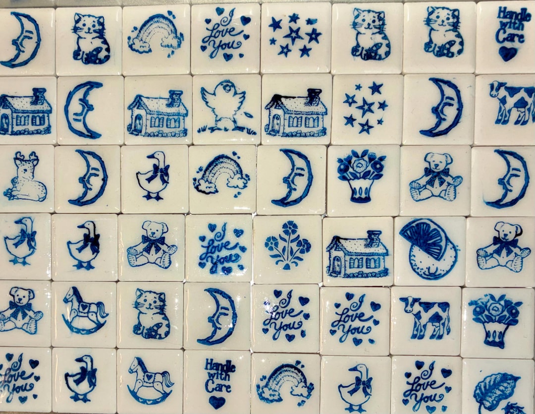 Ceramic Fridge Magnets - Handmade Blue Porcelain Style Square Tile Vintage Rubber Stamp Art - Pick 3 Pack