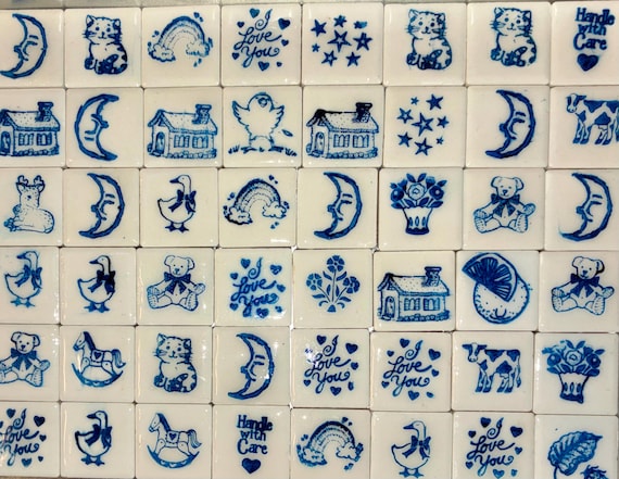 Ceramic Fridge Magnets - Handmade Blue Porcelain Style Square Tile Vintage Rubber Stamp Art