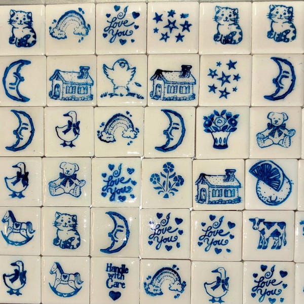 Magneti da frigorifero in ceramica - Piastrelle quadrate in stile porcellana blu fatte a mano, timbro in gomma vintage