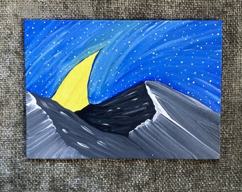 Original Landscape Painting, Handmade Painting Starry Sky, Moon, Mountain, Acrylic, Canvas Panel, 5x7, Matte Varnish