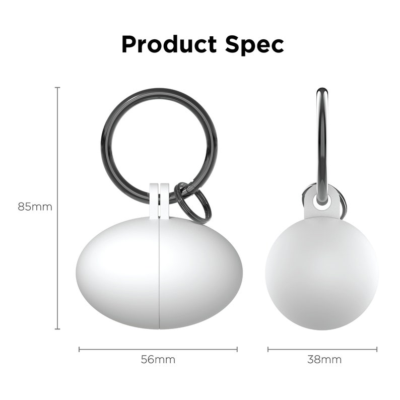 May include: White oval-shaped keychain with a metal ring. The keychain measures 3.5 inches in length and 2.2 inches in width.