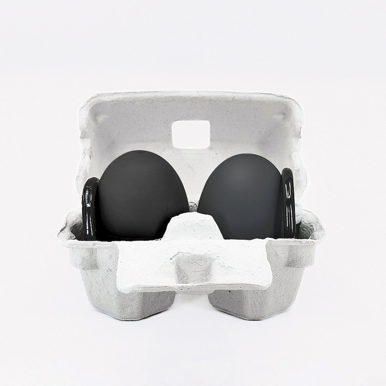 May include: Two black eggs in a white cardboard egg carton.
