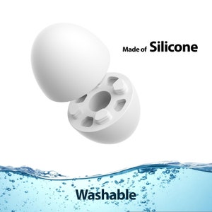 May include: A white silicone egg-shaped mold with a removable top, revealing a star-shaped design inside. The mold is made of silicone and is washable. "Made of Silicone" and "Washable" text is visible in the image.