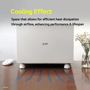 May include: A white laptop computer with the word "gram" printed on the front. The laptop is sitting on a wooden surface with four small feet that allow for airflow to cool the device. The text "Cooling Effect" is displayed above the laptop, along with the description "Space that allows for efficient heat dissipation through airflow, enhancing performance & lifespan."