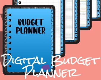 Puede incluir: Un planificador de presupuesto digital con una cubierta azul y las palabras "Budget Planner" en letras blancas grandes. El planificador incluye registros de gastos mensuales y hojas de presupuesto. También se ve el texto "Digital Budget Plannerz" y la URL de la tienda Etsy.