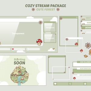 May include: A green and white stream overlay package with a cute forest theme. The overlay includes a starting soon screen, a chat box, a donation bar, a new follower alert, a new subscriber alert, and social media links. The overlay features cute illustrations of mushrooms, snails, and birds.