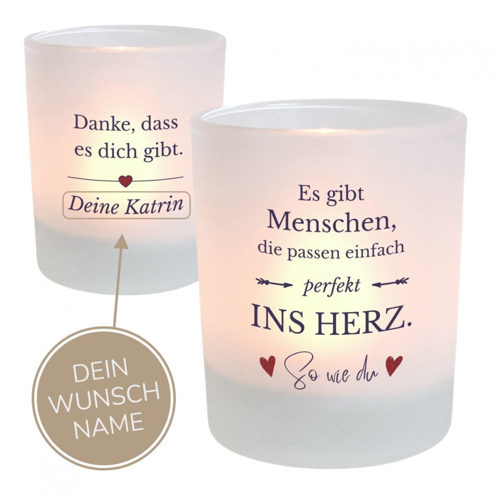 Personalisiertes Kerzenglas mit Spruch Perfekt ins Herz Windlicht