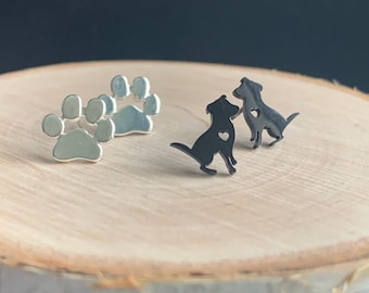 Set of Two Black Dog and Silver Dog Paw Print Post Earrings
