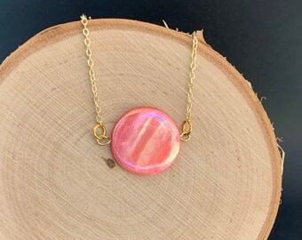 Red Mother of Pearl Shell Disc on Gold Chain Necklace