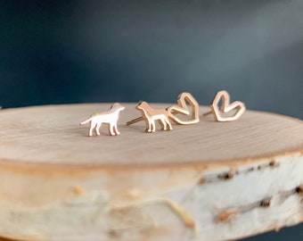 Set of Two Dog and Geometric Heart Post Earrings ~ Minimalist Studs ~ Gold, Rose Gold, Silver, and Black ~ Animal Lovers ~ Dog Rescue