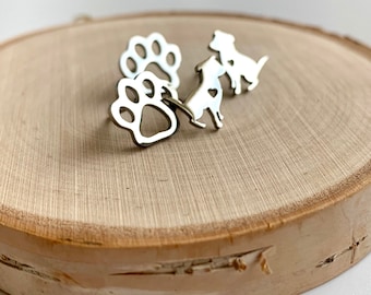 Set of Two Silver Dog and Dog Paw Print Post Earrings