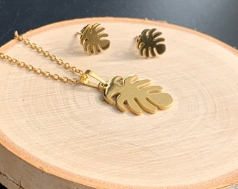 Monstera Leaf Earrings and 18” Necklace Set