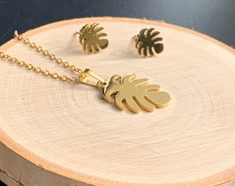 Pendientes Monstera Leaf y juego de collar de 18"