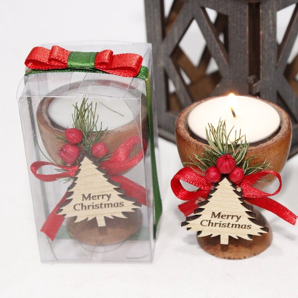 Christmas Personalized Candle Favor, Christmas Wooden Candle Holder, Happy Holiday Favors, Floral Candle Favors, Merry Christmas Tag