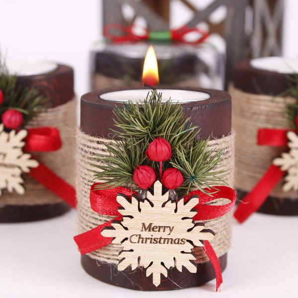 Masse Weihnachtsgeschenke, Weihnachten personalisierte Kerze Favor, Weihnachten Kerzenhalter aus Holz, Happy Holiday Favors, Frohe Weihnachten Mitarbeiter