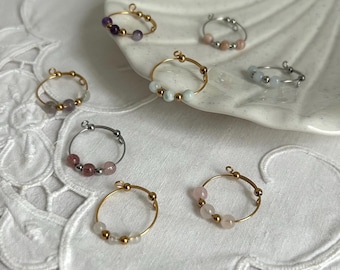 Bague anti-anxiété artisanale en acier inoxydable et pierres fines naturelles