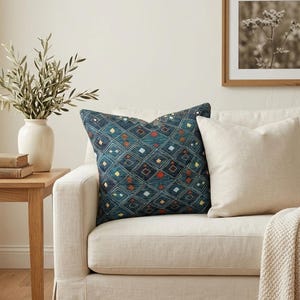 Navy Blue Pillow Cover | Geometric Diamond Cushion | Tribal Boho Decor