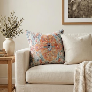 Orange Boho Pillow Cover | Turquoise Medallion Pattern Cushion | Sofa Bed Couch Accent