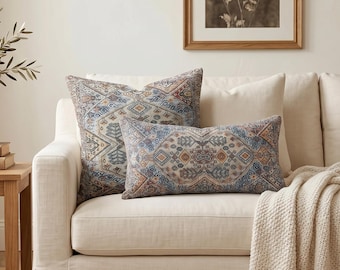 Geometric Pillow Cover | Boho Kilim Style Cushion | Blue Turkish Accent
