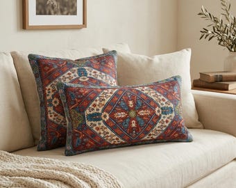 Red Blue Pillow Cover | Traditional Rug Design | Tribal Boho Cushion