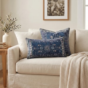 Navy Blue Pillow Cover | Vintage Kilim Print Cushion | Boho Lumbar Throw Pillow