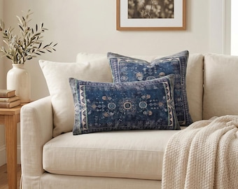 Navy Blue Pillow Cover | Vintage Kilim Print Cushion | Boho Lumbar Throw Pillow