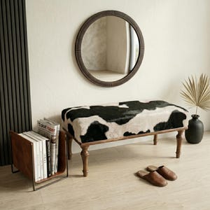 Cowhide Ottoman Bench Seat | Black White Wooden Rustic Footrest, BENCH BLACK COW