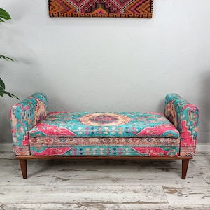 Opbergbank, roze blauwe bank, bank gewapende schoenen, bank kleedkamer, poef, boho-bank, long zitbank, slaapkamerbank, ST 18 x 51 35
