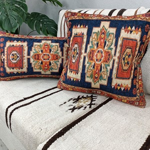 art deco pillow, nomadic pillow, orange blue pillow, oushak design pillow, bench pillowcases, pair pillow cover, euro sham cover, PT 261