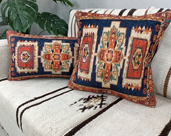 art deco pillow, nomadic pillow, orange blue pillow, oushak design pillow, bench pillowcases, pair pillow cover, euro sham cover, PT 261