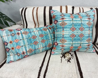 turkish rug pillow, handmade pillow, blue rug pillow, aztec pillow, cushion cover, bohemian pillow, carpet pillow,, sofa pillow, PT- 56