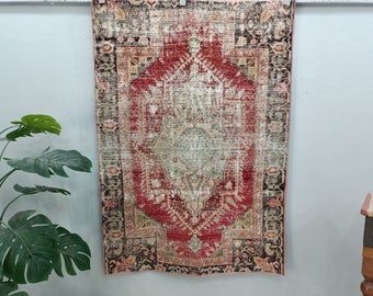 oriental rug, rugs for living room, pink rug, turkish rug, handknotted rug, bohemian rug, worn rug, vintage rug, 3.8 x 5.5 ft, VT 4581