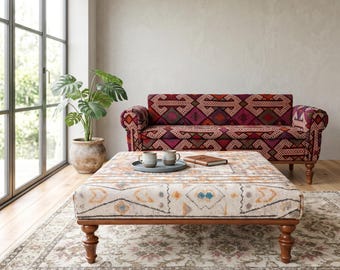 Square Ottoman Coffee Table | Colorful Boho Patterned Wood Seat 36x36'' VT 65
