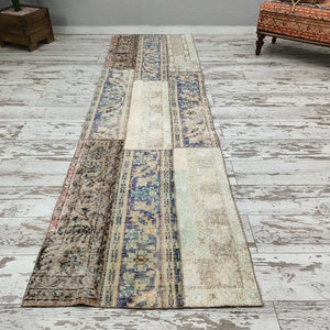 hallway runner, shabby chic rug, vintage oushak rug, patchwork rug, gothic rug, low pile runner, turkish runner rug, 2.7 x 9.5 ft VT 3888 image 2