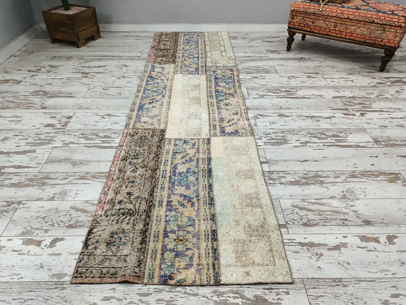 hallway runner, shabby chic rug, vintage oushak rug, patchwork rug, gothic rug, low pile runner, turkish runner rug, 2.7 x 9.5 ft VT 3888 image 2