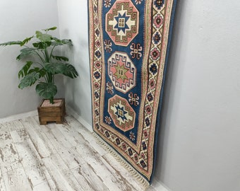 ピンクブルーラグ、ヴィンテージラグ、手織りラグ、玄関ラグ、キャビン