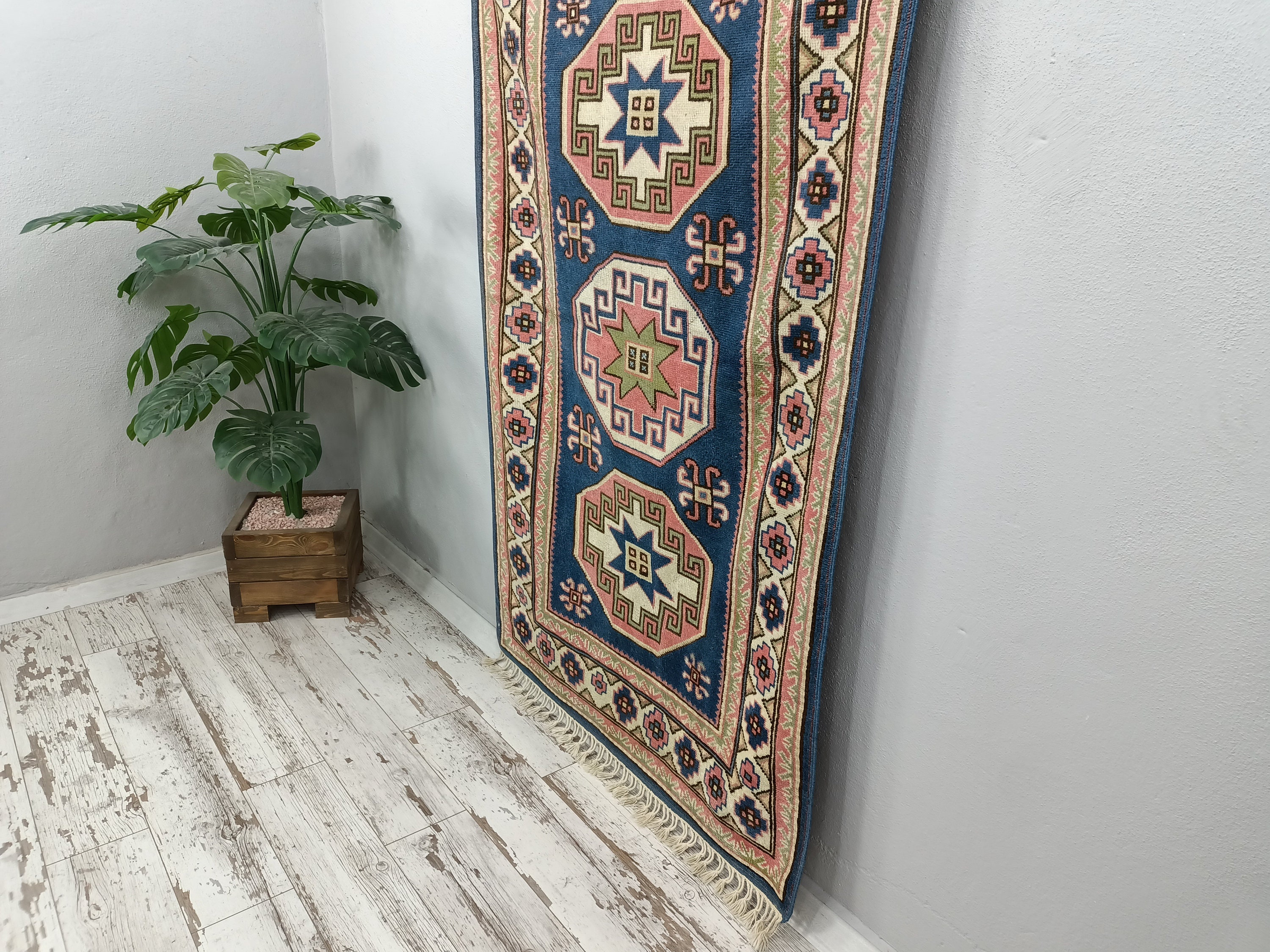 ピンクブルーラグ、ヴィンテージラグ、手織りラグ、玄関ラグ、キャビン