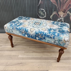 ottoman bench, footstool bench, upholstered bench, turkish rug bench, handmade furniture, piano bench, entry bench, 18x18x48, BENCH 869