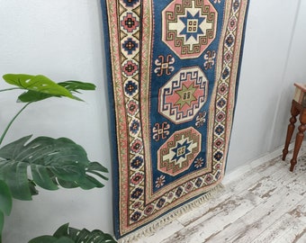 ピンクブルーラグ、ヴィンテージラグ、手織りラグ、玄関ラグ、キャビン