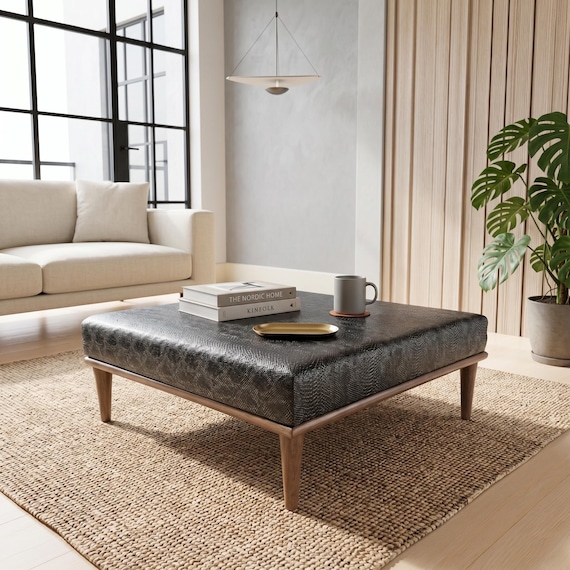 Black Faux Leather Square Coffee Table | Mid Century Ottoman 36x36 KM-23