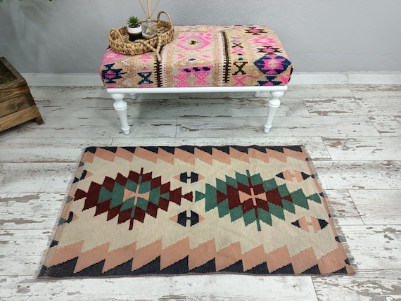 pink kilim rug, antique rug, vintage rug, oushak rug, hand woven rug, bohemian rug, turkish rug, aztec rug, 2.4 x 3.9 feet, VT 1651