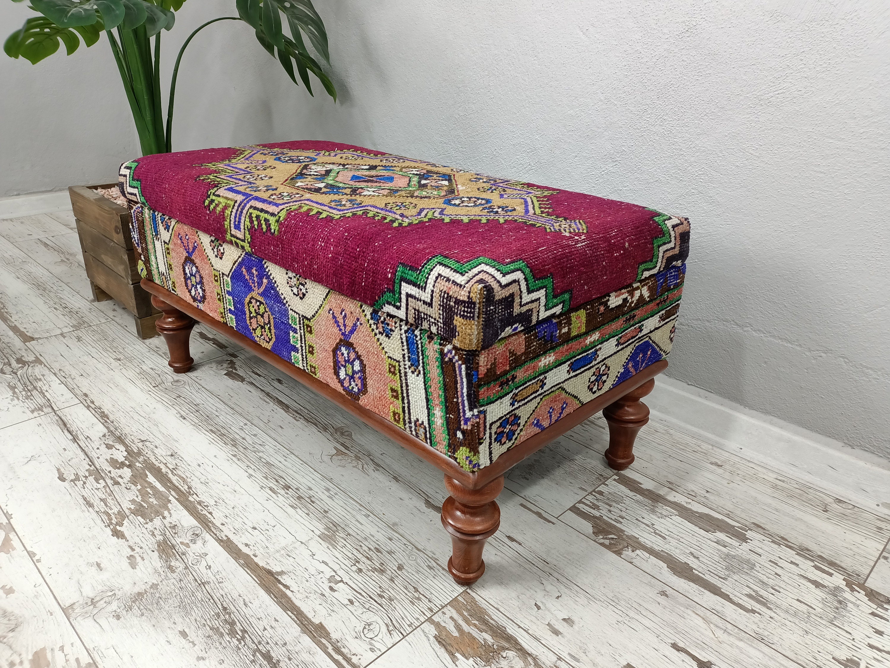 Bench, Etsy Wood Bench, Rug ST Organizer, Handmade Storage Bench, Ottoman, Turkish - Furniture, Upholstered Bedroom Work Bench, 253 Ottoman