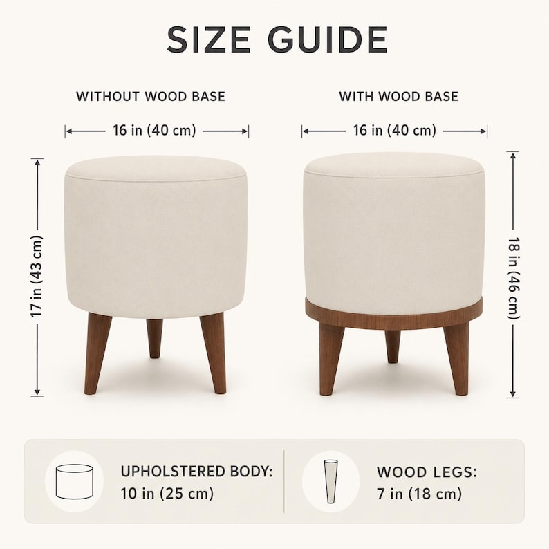 The image provides a size guide for two different ottomans, one with a wood base and the other without. The guide includes dimensions and descriptions for the ottoman without a wood base and the one with a wood base.