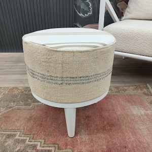 White Ottoman Bench, Bohemian Bench, Round Footstool, Footrest Stool, Upholstered Bench, Kilim Bench, Vanity Stool, FS 1289