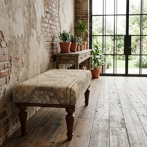 Handwoven Vintage Wool Rug Bench | Antique Rustic Geometric Ottoman 18x36" VT 1017