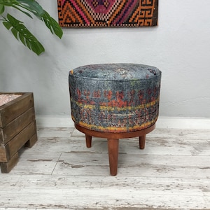 Dressing Table Bench, Vanity bench, Ottoman pouf, Pouf with legs, Entry bench, Handmade furniture, Foot rest stool, Round footstool, FS 107