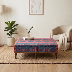 Oversized Storage Ottoman Coffee Table | Red Blue Printed Fabric Bench, ST- 253