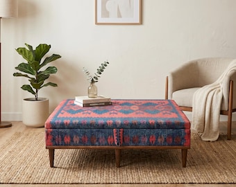 Otomana de almacenamiento extragrande, mesa de centro / Banco de tela estampada en rojo y azul, ST-253