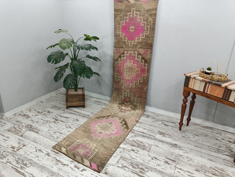 turkish oushak rug, eco friendly rug, rugs for stair, handmade wool rug, soft pile rug, vintage rug, ikat rug, long rug, 2.5x11.5 ft VT 4789 image 8